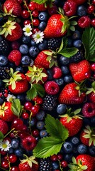 Fototapeta premium Vibrant assortment of fresh berries with green leaves and white flowers, shot from above.