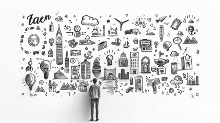 A person standing in front of a wall full of hand-drawn icons and symbols representing different ideas and concepts.