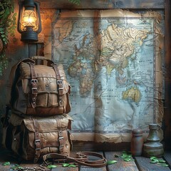 A map of the world is displayed on a wooden table with two leather backpacks