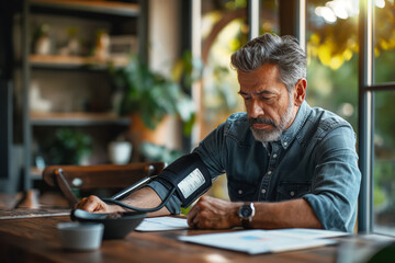 Man self-monitoring blood pressure at home. Showcases self-care, healthcare technology, and chronic disease management. Suitable for health education, medical tech, and wellness.