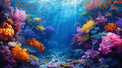 Fototapeta premium A colorful underwater scene with many different types of fish and coral