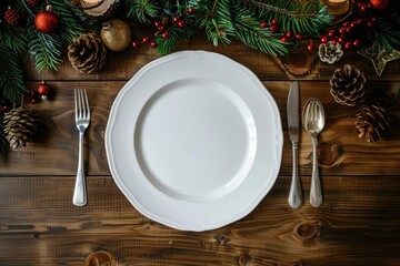 Festive Christmas Table Setting with Empty White Plate and Holiday Decorations