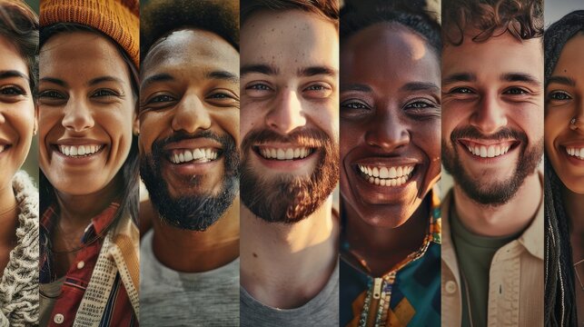 Collage of diverse joyful people smiling. Ideal for campaigns on happiness, diversity, and social interaction, great for all kinds of inclusive advertising.