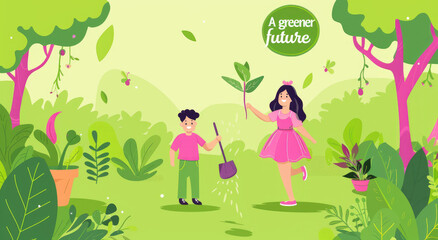 A flat vector illustration of two people planting trees in the park, with green grass and lush vegetation around them