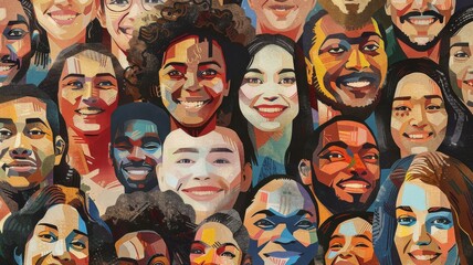 Artistic mosaic of diverse faces. A vibrant depiction of human diversity, ideal for illustrating unity and the beauty of our differences.