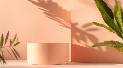 Minimalist abstract scene with podium and palm leaves.