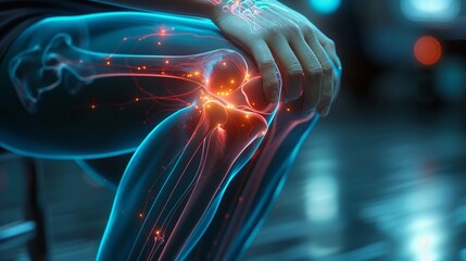 A person's knee is in pain, and the image is in blue and red