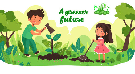 A flat vector illustration of two people planting trees in the park, with green grass and lush vegetation around them