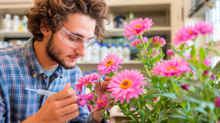 Homeopathic doctor from future, in his laboratory studying a flower, to extract its essence for remedies.