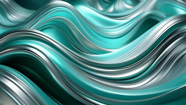Undulating metallic turquoise ribbons flow and curve in smooth, sinuous lines, creating a mesmerizing abstract pattern that suggests fluid motion, dynamic energy and futuristic elegance.