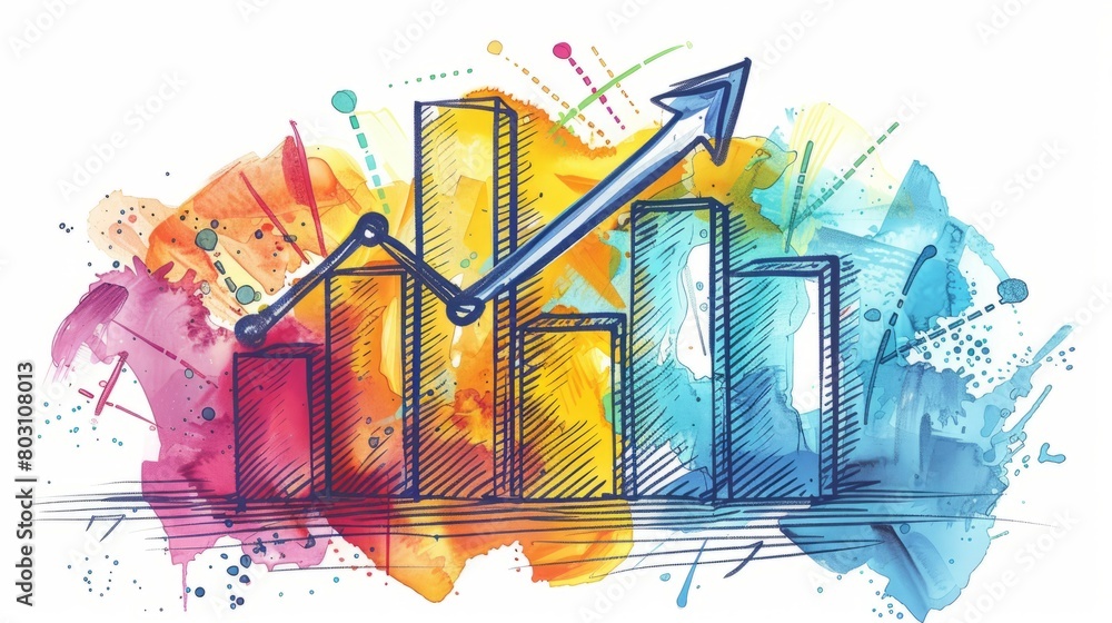 Poster a watercolor painting of a bar graph with an arrow pointing up. the bars are in various colors.