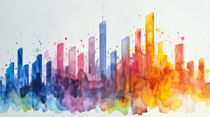 A watercolor painting of a city skyline in a rainbow of colors.