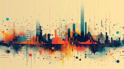A watercolor painting of a city skyline in blue, orange, and yellow.