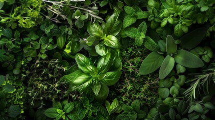Lush, vibrant display of various fresh culinary herbs with rich green tones and detailed textures.