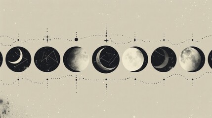 Celestial artwork showcasing the phases of the moon on a starry night