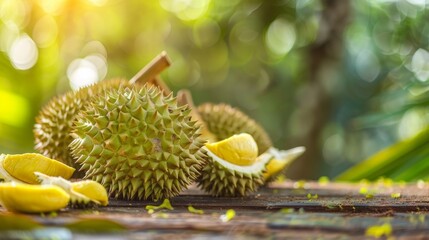 a durian, a tropical fruit with a spiky, hard outer shell. The shell has been opened to reveal the yellow, fleshy fruit inside.  on the table. - obrazy, fototapety, plakaty