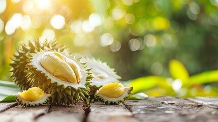 a durian on the wood table with green background. - obrazy, fototapety, plakaty