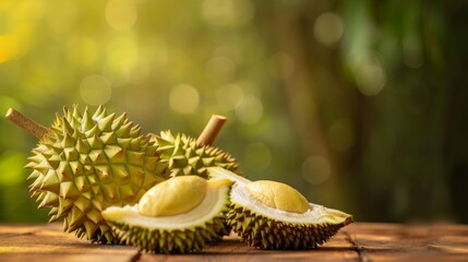 two whole durians and one durian that has been cut open, revealing the yellow flesh inside. - obrazy, fototapety, plakaty