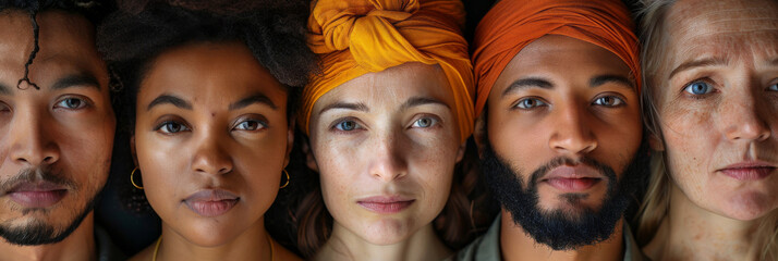 Lineup of individuals with different ages and ethnicities, wearing headwear. Emphasizes cultural variety and age diversity, ideal for social and cultural themes.