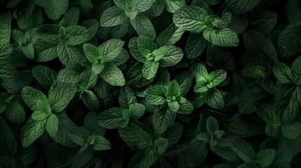 Close-up image of fresh mint leaves covered in water droplets with a dark green hue. - Powered by Adobe