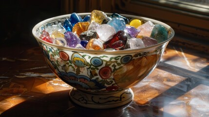 Colorful gemstones in a beautifully painted antique porcelain bowl on a wooden table - Powered by Adobe