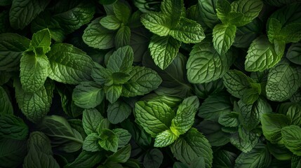 Lush green mint leaves densely packed, with subtle lighting highlighting their textures.