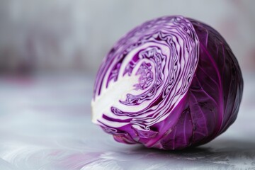 Fototapeta premium Fresh purple cabbage, cut to reveal intricate patterns inside, placed against a simple white backdrop, highlighting its vivid colors and natural beauty, with space for text