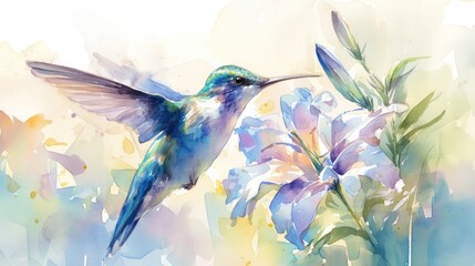  vibrant watercolor painting of a hummingbird hovering gracefully near a delicate flower, its iridescent wings shimmering in the sunlight.