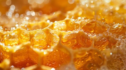 Close-up view of glistening honeycomb, droplets of honey in sunlight