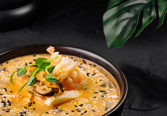 Spicy kimchi stew in black bowl