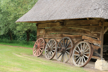 ancient barn with wooden wheels in Bokrijk, Genk, Belgium