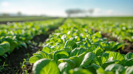 Rows of organic bok choy in a field, the white stems and green leaves creating a clean, appealing contrast under a clear blue sky with space for text - obrazy, fototapety, plakaty