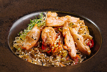 Gourmet asian noodle dish close up