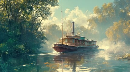 An old-fashioned paddle steamer cruising along a misty river in a nostalgic vintage style.,
