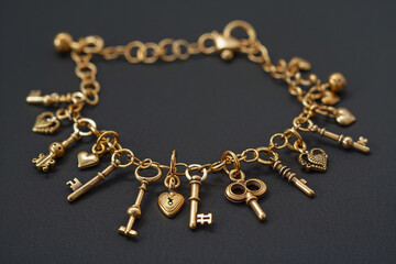 A delicate gold charm bracelet, adorned with tiny keys, hearts, and other whimsical motifs.
