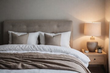 Relaxing bedroom in the morning with copy space. Bedroom with a warm bed, pillows, cozy lamp, morning light.
