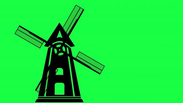 Black outline of a windmill for grinding grain into flour. Isolated on a green background. Animated video in 4K resolution.