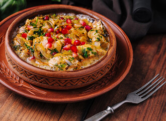 Savory shrimp hummus plate with pomegranate