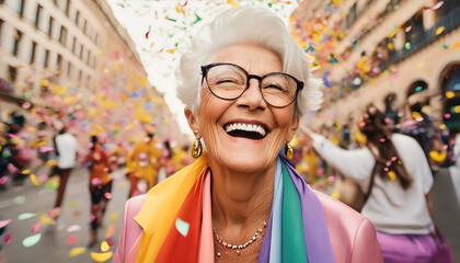 Happy caucasian senior gay lesbian woman celebrating pride festival parade with a rainbow flag on a sunny summer day. Candid gay pride celebrations with inclusive and diverse homosexual mature people.