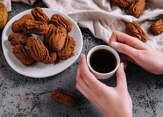 Morning coffee break with chocolate cookies