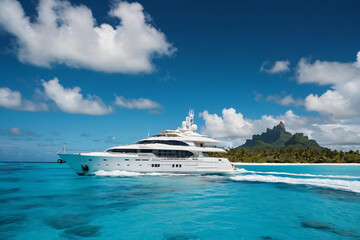 Bask in the Beauty of a Picturesque Day in Bora Bora: Clear Blue Skies, Tranquil Waters, and a Majestic White Yacht Await