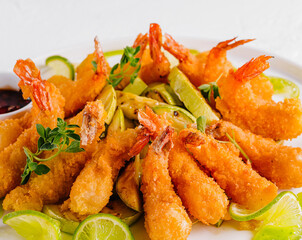 Crispy fried shrimp with lime and sauce