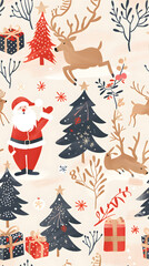 Seamless pattern, New Year's card or wallpaper featuring graphics such as gift boxes, Santa Claus, reindeer, and ornaments.
