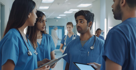 A group of multiethnic young male and female nurse students wearing blue scrubs, with one holding...