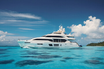 Bask in the Beauty of a Picturesque Day in Bora Bora: Clear Blue Skies, Tranquil Waters, and a Majestic White Yacht Await