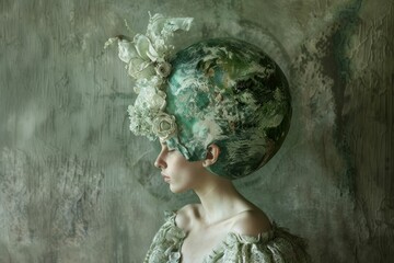 Woman in green dress balancing large green ball on head in artistic performance