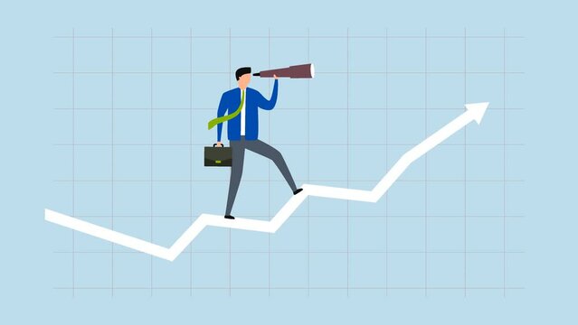 Business vision, 4k animation of manager with binoculars to see future on top of market graph with rising arrow