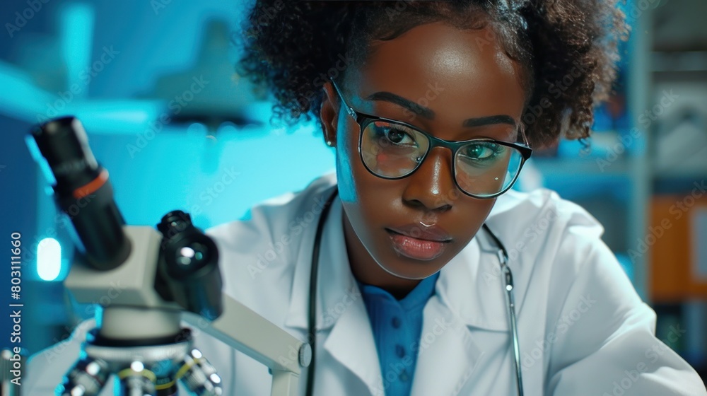 Poster beautiful black scientist using microscope does analysis of test sample