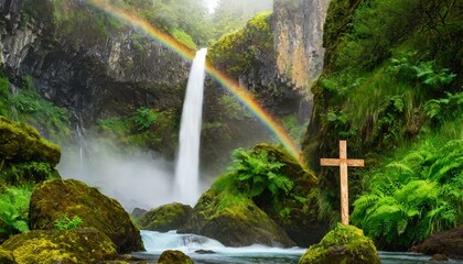 A Wooden Christian Cross in the Swirling Currents of a Roaring Waterfall