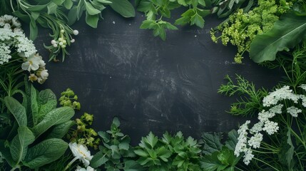 High-quality image featuring a variety of fresh herbs and wildflowers arranged around a dark wooden backdrop.